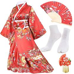 Elibelle Damen Kimono Robe Geisha Yukata Sweet Smoking Rüschen Kleid Blüte Satin Bademantel Nachtwäsche Fans Tabi Socken Set, Typ 1-rot, Einheitsgröße von Elibelle