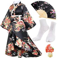 Elibelle Damen Kimono Robe Geisha Yukata Sweet Smoking Rüschen Kleid Blüte Satin Bademantel Nachtwäsche Fans Tabi Socken Set, Typ1-Schwarz, Einheitsgröße von Elibelle