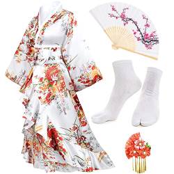 Elibelle Damen Kimono Robe Geisha Yukata Sweet Smoking Rüschen Kleid Blüte Satin Bademantel Nachtwäsche Fans Tabi Socken Set, Typ1-weiß, L von Elibelle