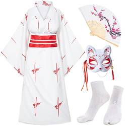 Elibelle Japanische Anime Damen Kimono Robe Geisha Yukata Sweet Dress Blossom Satin Bademantel Nachtwäsche Fans Tabi Socken Set, Weiße Sakura, Einheitsgr��e von Elibelle