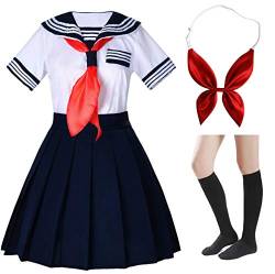 Elibelle Japanische Schule Mädchen Kurzarm Uniform Sailor Marineblau Faltenrock Anime Cosplay Kostüme mit Socken Set, Typ 1, Large/ X-Large von Elibelle