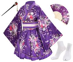 Elibelle Japanischer Anime-Damen-Kimono-Robe, Kostüm, Seide, faltbar, Tabi-Haarstäbchen, Socken-Set, Violett, Typ 1, L von Elibelle