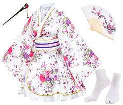 Elibelle Japanischer Anime-Damen-Kimono-Robe, Kostüm, Seide, faltbar, Tabi-Haarstäbchen, Socken-Set, Weiß - Typ 1, 5XL von Elibelle