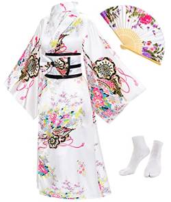 Elibelle Japanischer Anime Damen Kimono Robe Geisha Yukata Sweet Dress Blossom Satin Bademantel Nachtwäsche Fans Tabi Socken Set, Weiß, Einheitsgr��e von Elibelle