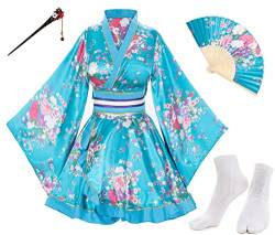 Elibelle Japanisches Anime-Damen-Tanz-Kimono-Bademantel, Kostüm, aus Seide, faltbar, Tabi-Haarstab-Socken, Blau - Typ 1, L von Elibelle