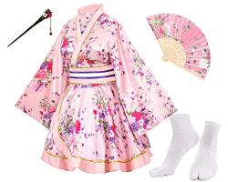 Elibelle Japanisches Anime-Damen-Tanz-Kimono-Bademantel, Kostüm, aus Seide, faltbar, Tabi-Haarstab-Socken, Rosa - Typ 1, L von Elibelle