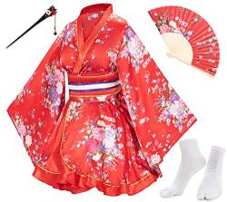 Elibelle Japanisches Anime-Damen-Tanz-Kimono-Bademantel, Kostüm, aus Seide, faltbar, Tabi-Haarstab-Socken, Rot - Typ 1, L von Elibelle