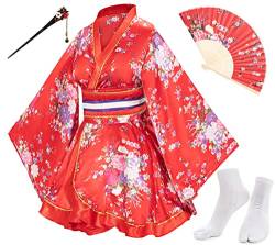 Elibelle Japanisches Anime-Damen-Tanz-Kimono-Bademantel, Kostüm, aus Seide, faltbar, Tabi-Haarstab-Socken, Rot - Typ 1, S von Elibelle