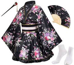 Elibelle Japanisches Anime-Damen-Tanz-Kimono-Bademantel, Kostüm, aus Seide, faltbar, Tabi-Haarstab-Socken, Schwarz – Typ 1, 5XL von Elibelle