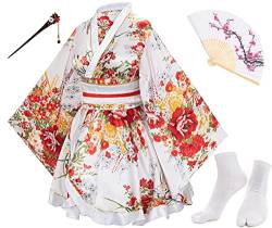 Elibelle Japanisches Anime-Damen-Tanz-Kimono-Bademantel, Kostüm, aus Seide, faltbar, Tabi-Haarstab-Socken, Weiß - Typ 2, L von Elibelle