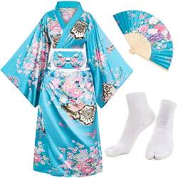 Japanische Anime Damen Kimono Robe Geisha Yukata Sweet Dress Blossom Satin Bademantel Nachtwäsche Fans Tabi Socken Set, Blau, Einheitsgröße von Elibelle