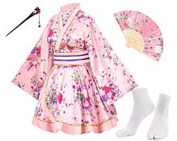 Japanische Anime Damen Tanz Kimono Robe Fancy Dress Hand Held Silk Folding Fans Tabi Hairstick Socken Set, Rosa - Typ 1, 5XL von Elibelle