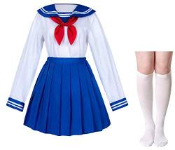 Japanische Schulmädchen Uniform Sailor Marineblau Faltenrock Anime Cosplay Kostüme mit Socken Set (SSF13), bule, 3XL von Elibelle