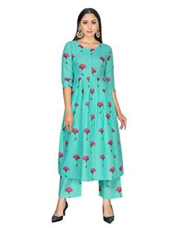 Indische Kurti für Damen mit Hose, himmelblau, Rayon Blockdruck, Kurta Partywear Kurtis für Frauen Tops Tunika - Blau - Large von Elina fashion