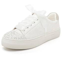 Elivandon 9994 Hochzeit Schuhe Spitze Braut Sneakers 3,7cm Plattform Braut Tennis Schuhe Sparkling Strass Hochzeit Sneakers Farbe Elfenbein,Größe 35 EU (2.5 UK) von Elivandon