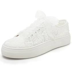 Elivandon 9996 Hochzeit Schuhe Spitze Braut Sneakers 3,7cm Plattform Braut Tennis Schuhe Sparkling Strass Hochzeit Sneakers Farbe Elfenbein,Größe 36 EU (3 UK) von Elivandon