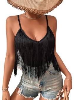 Damen Tanktop mit Fransen – Festival Oberteile mit festem Quastensaum ärmellosem V Ausschnitt Konzert Outfit Boho Unterhemd Rave Shirts(Black,L,10742r) von Ella Lust