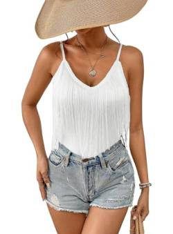 Damen Tanktop mit Fransen – Festival Oberteile mit festem Quastensaum ärmellosem V Ausschnitt Konzert Outfit Boho Unterhemd Rave Shirts(White,L,10742r) von Ella Lust