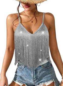 Ella Lust Damen Tanktop Fransen – Festival Solide Quaste Saum Tops Ärmellos V-Ausschnitt Konzert Outfits Boho Camisole Rave Shirts,silber,Groß von Ella Lust