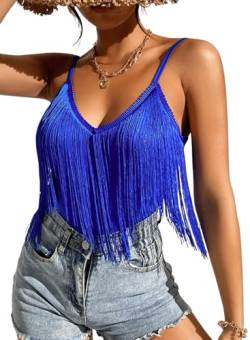 Ella Lust Damen Tanktop mit Fransen – Festival Solide Quaste Saum Tops Ärmellos V-Ausschnitt Konzert Outfits Boho Camisole Rave Shirts, Blau, X-Groß von Ella Lust