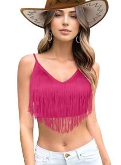 Ella Lust Fransen Cami Top für Frauen – Solide Crop Quaste Tank Konzert Outfits Festival Kleidung Rave V-Ausschnitt Ärmelloses Shirt, Pink, Klein von Ella Lust