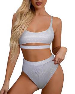 Ella Lust Glitzer-Rave-Outfits für Frauen – Festival, sexy, U-Ausschnitt, Unterbrustausschnitt, bauchfreies Top, hohe Taille, Bikini-Set, silber, XS von Ella Lust