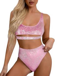 Ella Lust Glitzer Rave Outfits für Frauen – Festival sexy U-Ausschnitt Unterbrustausschnitt Bauchfreies Oberteil hohe Taille Bikini Set(Pink,L,1302r) von Ella Lust