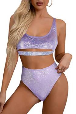 Ella Lust Glitzer Rave Outfits für Frauen – Festival sexy U-Ausschnitt Unterbrustausschnitt Bauchfreies Oberteil hohe Taille Bikini Set(Purple,S,1302r) von Ella Lust