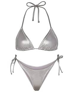 Ella Lust Metallic-Bikini für Damen - Silberner Badeanzug, hoch taillierter Tanga-Unterteil mit seitlichen Bändern, Triangel-Oberteil, glänzender Badeanzug(Silver,M,1026r) von Ella Lust