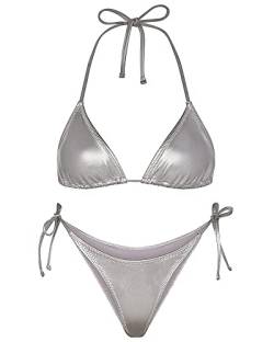 Ella Lust Metallic-Bikini für Damen - Silberner Badeanzug, hoch taillierter Tanga-Unterteil mit seitlichen Bändern, Triangel-Oberteil, glänzender Badeanzug(Silver,S,1026r) von Ella Lust