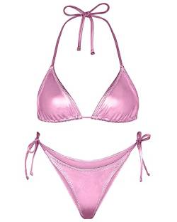 Ella Lust Metallic Bikini für Frauen - Silber Badeanzug Hohe Taille Krawatte Seite Tanga Bottom Dreieck Top Glänzender Badeanzug, Pink, Large von Ella Lust