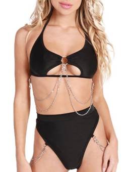 Ella Lust Rave-Outfits für Frauen – Sexy Festival Unterbrust-Oberteil mit Ausschnitt Disco-Silberkette hochgeschnittenes Nachtclub Bikini Set(Black,L,1312r) von Ella Lust