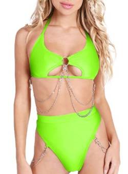 Ella Lust Rave-Outfits für Frauen – Sexy Festival Unterbrust-Oberteil mit Ausschnitt Disco-Silberkette hochgeschnittenes Nachtclub Bikini Set(Green,XL,1312r) von Ella Lust