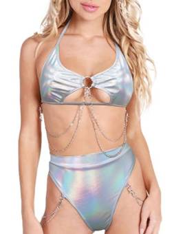 Ella Lust Rave Outfits für Frauen – Sexy Festival Unterbrustausschnitt Top Disco Silberkette Hoch Cut Bottom Nachtclub Bikini Set, Silberfarbenes Hologramm., Medium von Ella Lust