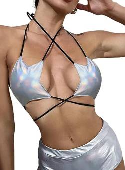 Ella Lust Rave Star Top für Frauen – Sexy Neckholder Party Dance BH Rückenfrei Träger Crisscross Wrap Tie Musik Festival Outfit, Silberfarbenes Hologramm., X-Small von Ella Lust