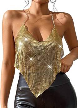 Ella Lust Sexy metallisches Kettenoberteil für Damen – Pailletten-Neckholder, tiefer V-Ausschnitt, rückenfreies Crop-Tanktop für Nachtclub-Party-Rave-Outfits(Gold,M,1072r) von Ella Lust