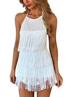 Ella Lust Verführerischer rückenfreier Overall mit Fransenkleid - Damen-Club-Boho-Playsuit mit Quasten und gestuftem Neckholder, Festival-Bodysuit(White,L,1074r) von Ella Lust