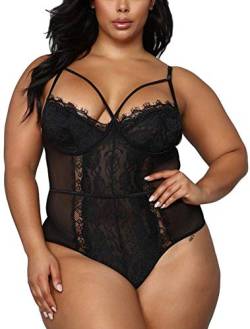 Plus Size Lingerie for Women Sexy Eyelash Lace Bodysuit Naughty See Through Mesh One Piece Teddy Outfits(663a,Black,4XL) von Ella Lust