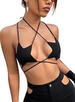 Rave Star Top Für Damen - Festival Outfit Sexy Spaghettiträger Rücken Verkreuzt Sport Bh Taillenketten Nightclub Body Chain Frauen Weste Verschiedene Tragemethoden Ärmellos Crop Tops(Black,XL,1078r) von Ella Lust