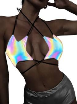 Rave Star Top für Frauen – EDC Festival Sexy Neckholder Party Dance BH Rückenfrei Strappy Crisscross Wrap Tie Outfits, Holografisch, Large von Ella Lust