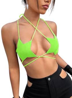 Rave Star Top für Frauen – Sexy Neckholder Party Dance BH Rückenfrei Träger Crisscross Wrap Tie Musik Festival Outfit, neon green, X-Groß von Ella Lust