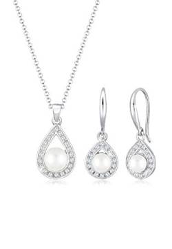 Elli PREMIUM Schmuckset Damen Tropfen Anhänger glamourös elegant mit Süßwasserperlen und Zirkonia Kristallen in 925 Sterling Silber von Elli