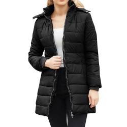 Elogoog Damen Jacke Steppjacke Übergangsjacke mit Kapuze Mantel Daunenjacke Winterjacke Warme Jacke Warm Steppmantel Outdoorjacke Outdoor Leichte Daunenjacke Softshelljacke mit Taschen（Schwarz,XL） von Elogoog