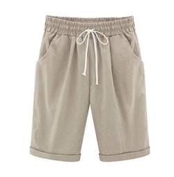 Elonglin Damen Bermuda Shorts Baumwolle Knielang Sommer Kurze Hose mit Tunnelzug Frauen Große Größen Locker Stretch Khaki DE XXL(Asie 5XL) von Elonglin