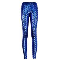 Elonglin Damen Leggings Sexy Mermaid Meerjungfrau Glanz Leggings Fisch Schuppen Scale Glänzend Strumpfhose Hose Frau Pants Blau DE M(Asie XL) von Elonglin