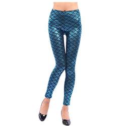 Elonglin Damen Leggings Sexy Mermaid Meerjungfrau Glanz Leggings Fisch Schuppen Scale Glänzend Strumpfhose Hose Frau Pants Champagner Blau DE M(Asie XL) von Elonglin