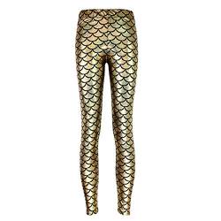 Elonglin Damen Leggings Sexy Mermaid Meerjungfrau Glanz Leggings Fisch Schuppen Scale Glänzend Strumpfhose Hose Frau Pants Gold DE L(Asie XXL) von Elonglin