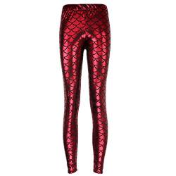 Elonglin Damen Leggings Sexy Mermaid Meerjungfrau Glanz Leggings Fisch Schuppen Scale Glänzend Strumpfhose Hose Frau Pants Rot DE L(Asie XXL) von Elonglin