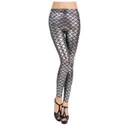 Elonglin Damen Leggings Sexy Mermaid Meerjungfrau Glanz Leggings Fisch Schuppen Scale Glänzend Strumpfhose Hose Frau Pants Silber DE M(Asie XL) von Elonglin