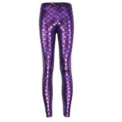 Elonglin Damen Leggings Sexy Mermaid Meerjungfrau Glanz Leggings Fisch Schuppen Scale Glänzend Strumpfhose Hose Frau Pants Violett DE L(Asie XXL) von Elonglin